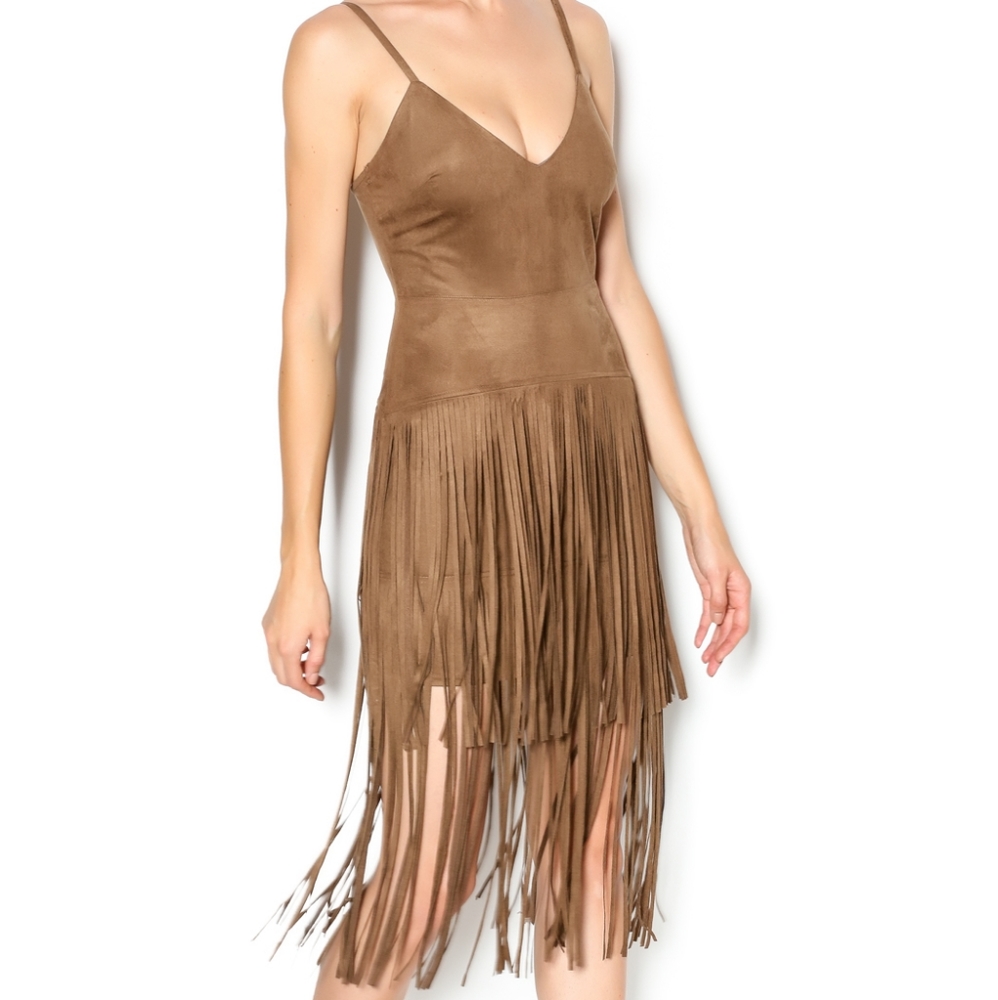 Hot and delicious, brown, faux suede, fringe dress